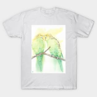 Budgies couple kiss watercolor portrait T-Shirt